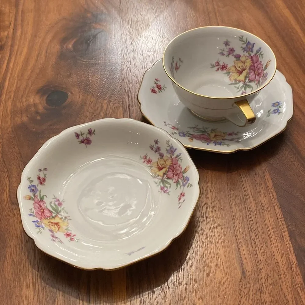 H&C Selb Germany Heinrich Floral Gold Accent Porcelain Teacup, Saucer & Bowl Set